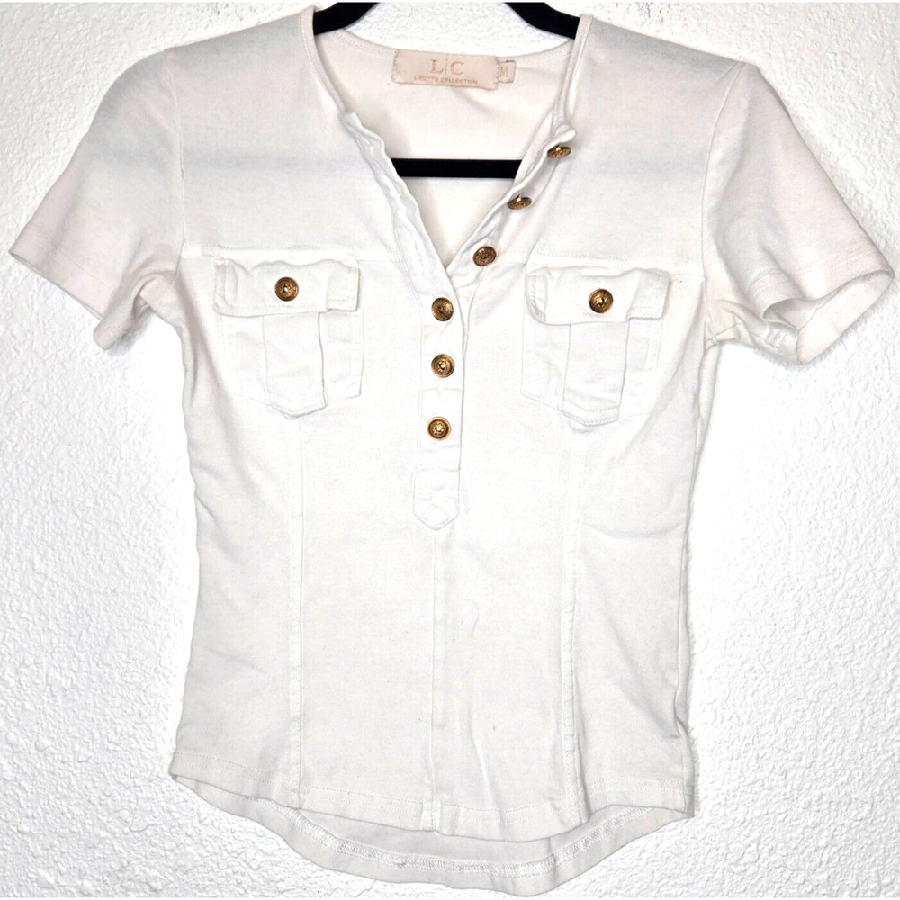 Vintage Y2K Babydoll Tee Medium White Gold Button Up Military Henley Top T Shirt